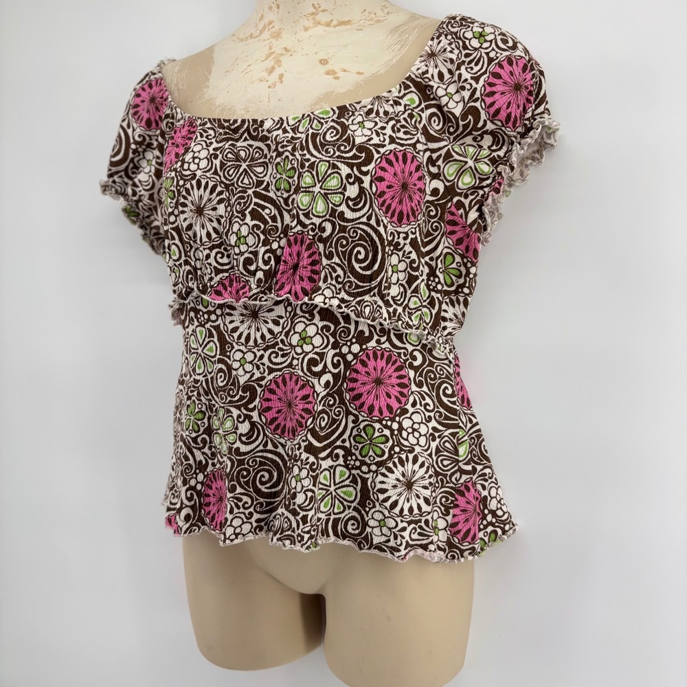Bamboo Traders Women's XL Brown Pink Floral Tie Waist Peplum Blouse‎ Lizzie Y2K - Picture 4 of 7